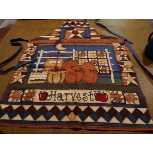 Vtg Harvest-Themed Apron Pumpkins Apples Moon Star Grannycore Familycore Cabin - Picture 7 of 8